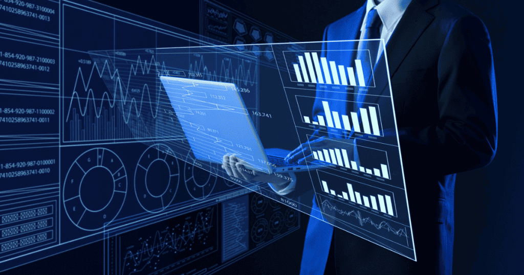 Businessman working while looking at a graph analyzing data