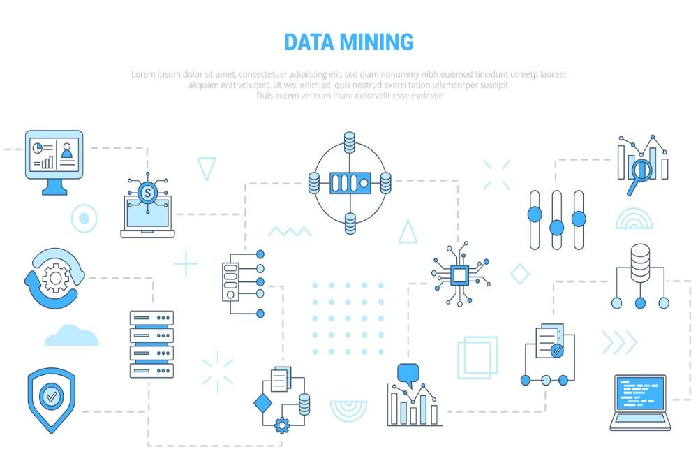 A graphic illistration of the data mining process with a pc, laptop, and data stack