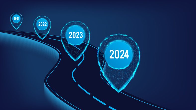 Navigation concept. Logistic concept.  New Year 2024. Road with polygonal  pointers depicting digital implementation of digital roadmap 