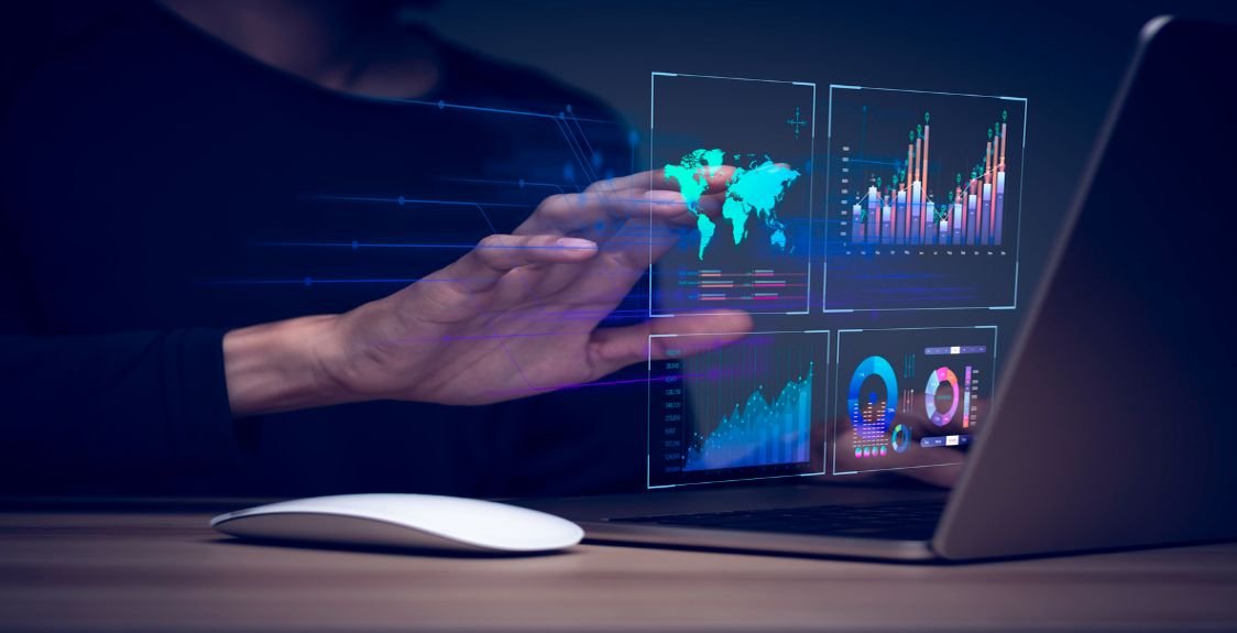 Big data does by person on touchscreen PC connected to data software and database