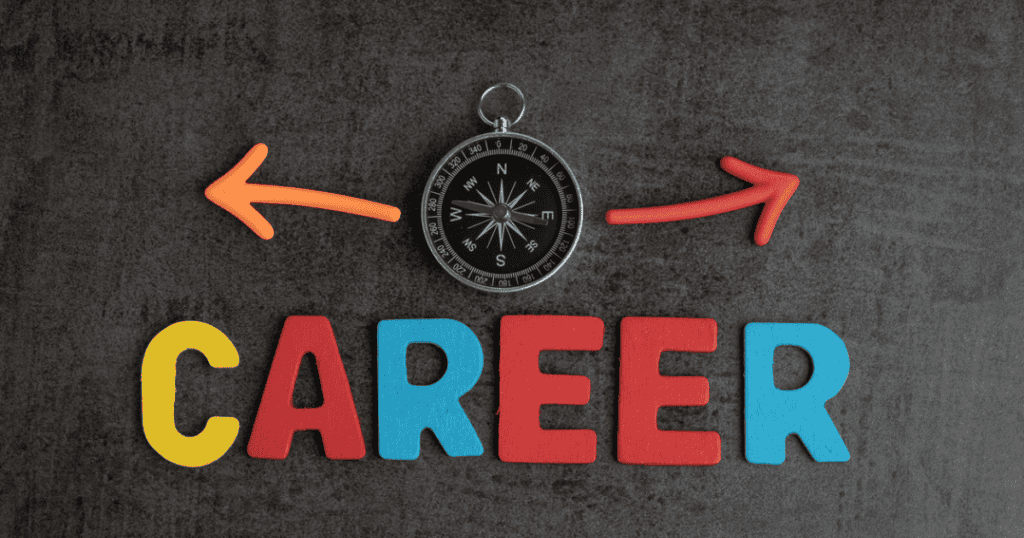 Company career path opportunities concept by colorful wooden alphabets as word CAREER and compass with magnet arrows pointing to left and right on dark black chalkboard cement wall