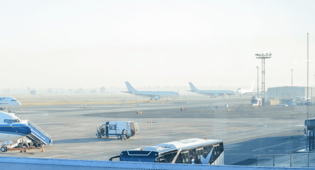 Busy airport slightly foggy