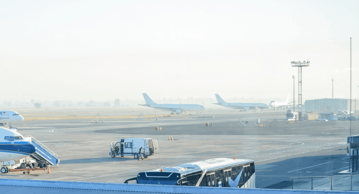 Busy airport slightly foggy